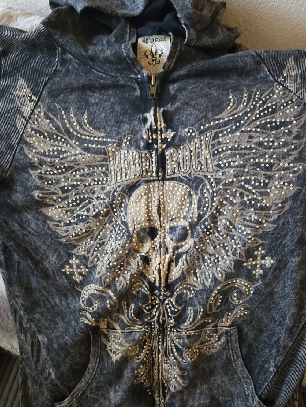 Vocal Gray Studded Rebel Skull Teddy Zip Hoodie